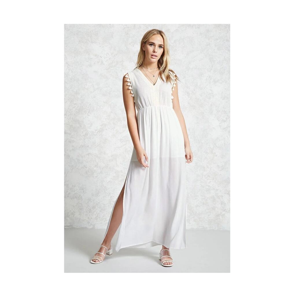 Forever 21 White Long Dress Pom Poms Sleeveless Small